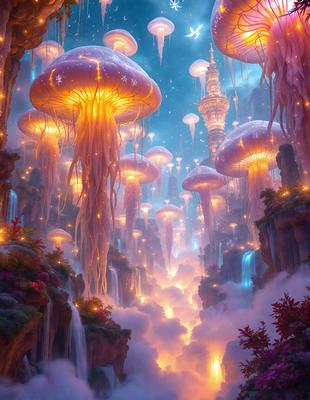 The primary subject of the image is a group of mushrooms, which are the main objects in the scene. The setting is a fantasy world with a backdrop of a waterfall and a sky filled with stars. The visual style is digital art, and the colors and mood are predominantly warm and vibrant, creating a whimsical and magical atmosphere.